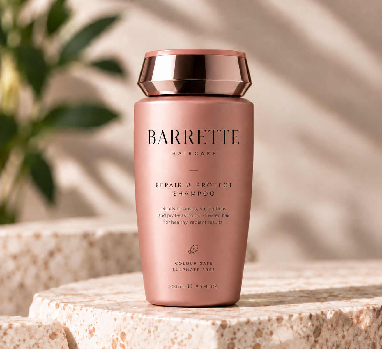 Barrette Haircare Repair & Protect Shampoo bottle on a stone plinth
