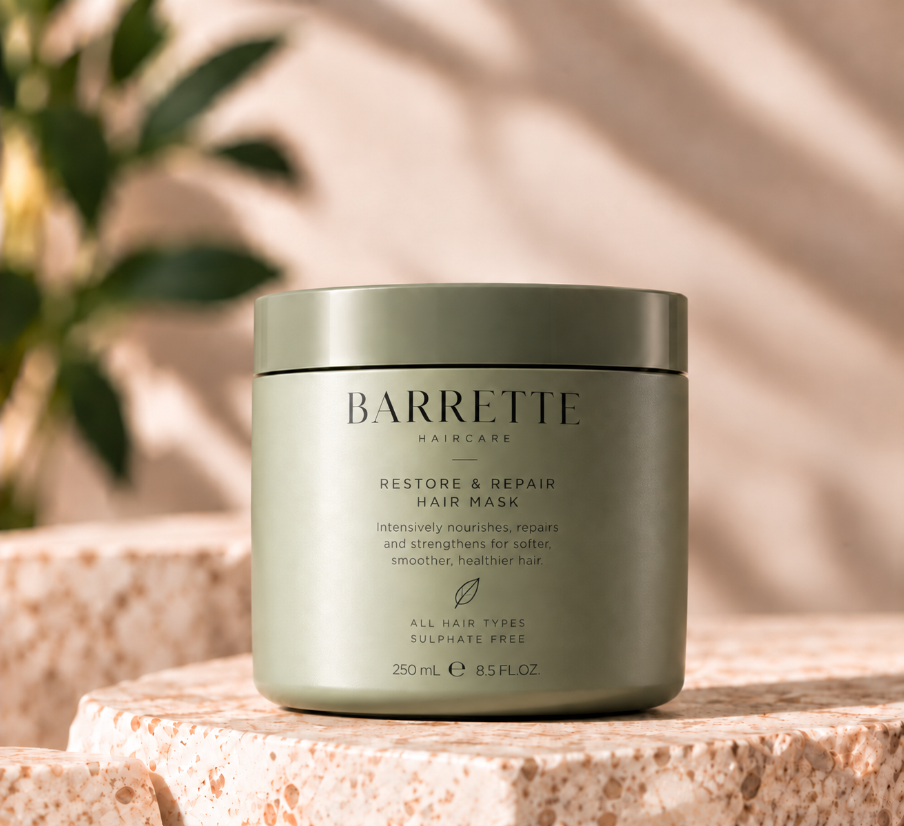 Barrette Haircare Restore & Repair Hair Mask jar on a stone plinth